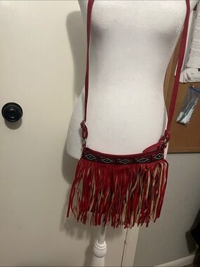 Red Fringe Crossbody with Southwestern Trim